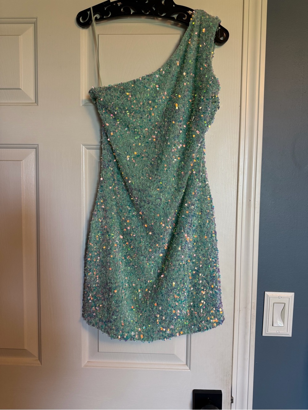 Aria One-Shoulder Sequin Textured Mini Dress in Aqua Green